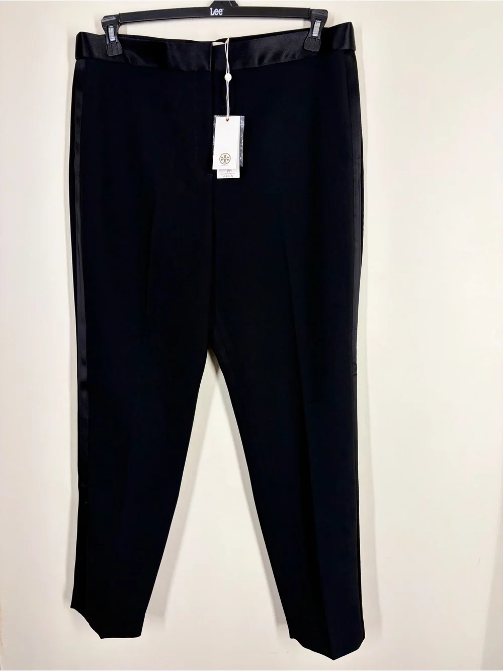 Tory Burch Luana Tuxedo Pants Black Satin Stripe Straight Leg Size 12 NWT